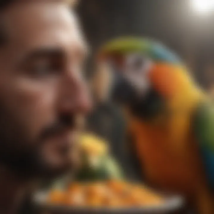 A parrot interacting with its owner during feeding time