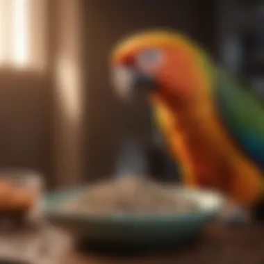 Bowl filled with seeds, pellets, and fresh food for parrots