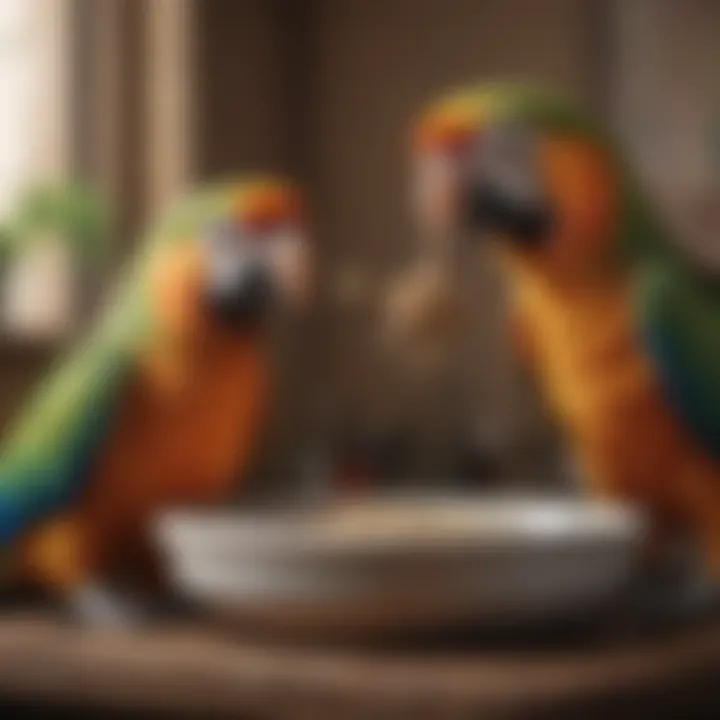 A parrot enjoying its meal from a well-designed feeding bowl