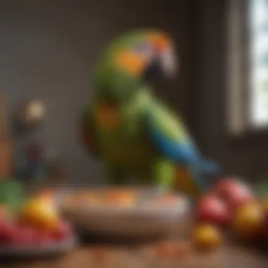 A vibrant parrot feeding bowl filled with fresh fruits and vegetables