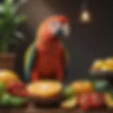 Colorful parrot perched on a branch surrounded by fresh fruits and vegetables