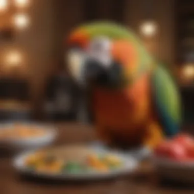 A happy parrot enjoying a balanced meal with seeds, fruits, and veggies