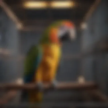 A parrot inside a travel cage, exploring its surroundings comfortably.