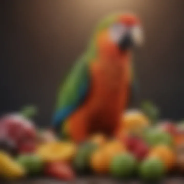 Colorful assortment of fruits and vegetables beneficial for parrot health