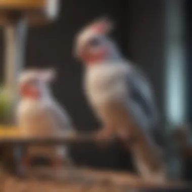 Cockatiel enjoying playtime on a multi-level perch setup