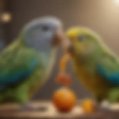 A close-up of a parakeet interacting with a playful toy, illustrating engagement and curiosity.