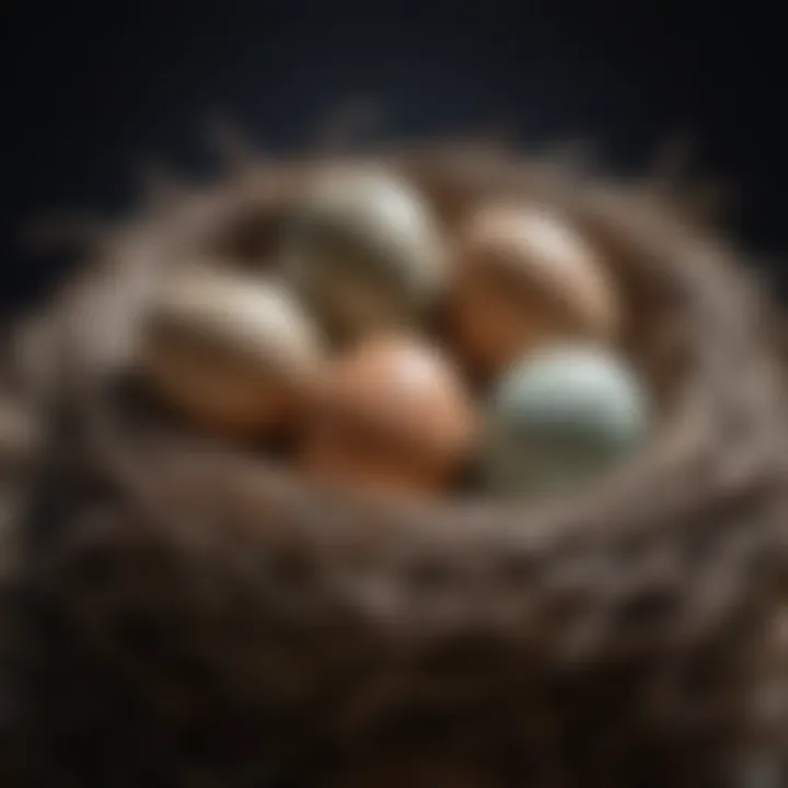 A close-up of bird eggs in a nest showcasing breeding practices