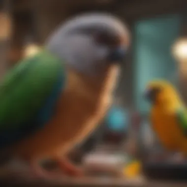 A pet owner examining DNA test results with a pet bird nearby.