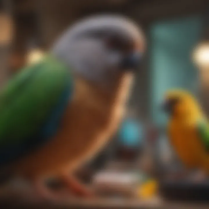 A pet owner examining DNA test results with a pet bird nearby.