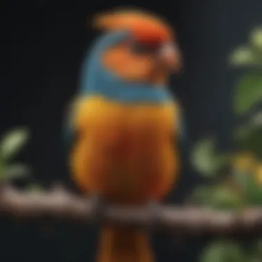 A close-up view of a colorful pet bird perched on a branch.