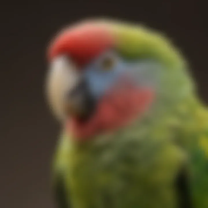 A close-up of a vibrant parakeet with feathers in various stages of molting.