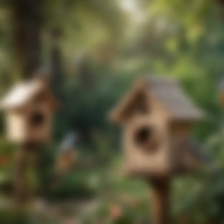 A serene scene of birds interacting with their birdhouses in a garden.