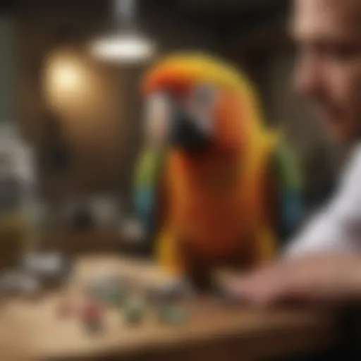 A veterinarian examining a parrot