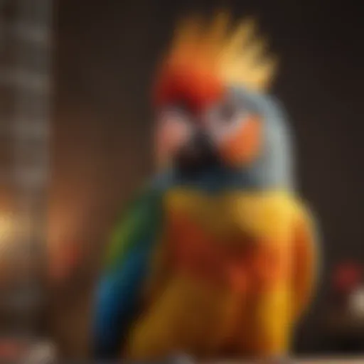 A vibrant pet bird in a spacious cage, showcasing its colorful feathers and active demeanor.