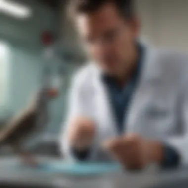 A veterinarian examining a bird in a clinic