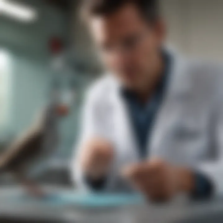 A veterinarian examining a bird in a clinic