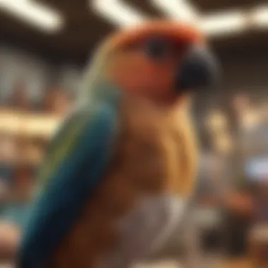 Various pet bird species in a pet store