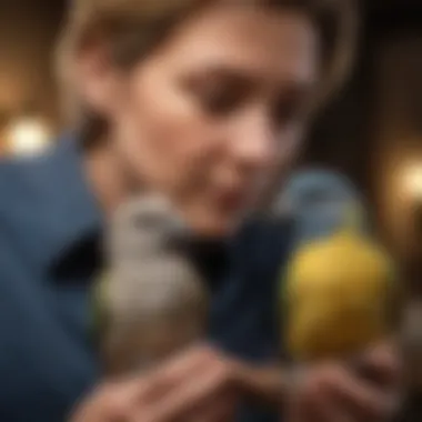 An owner gently interacting with a pet bird, highlighting the bond of companionship.