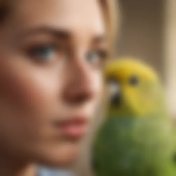 A close-up of a budgerigar, eyes bright and curious, interacting with its owner.