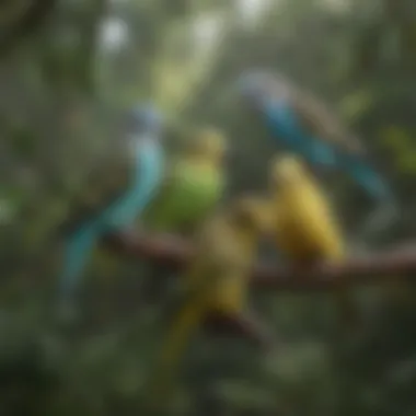 A colorful array of budgerigars in a lush environment