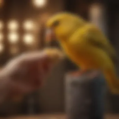 A hand gently offering a treat to a canary, highlighting trust.