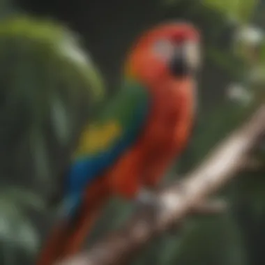 A colorful parrot perched on a branch, showcasing its vibrant feathers.