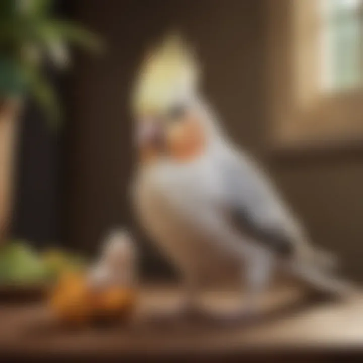 A serene setting with a cockatiel interacting playfully with a toy.