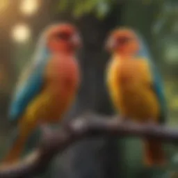 Colorful pet birds perched on a branch