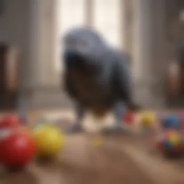 An African Grey parrot engaging with toys