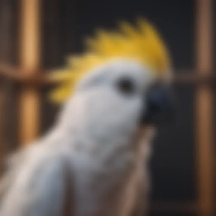 A contented cockatoo resting in its cage