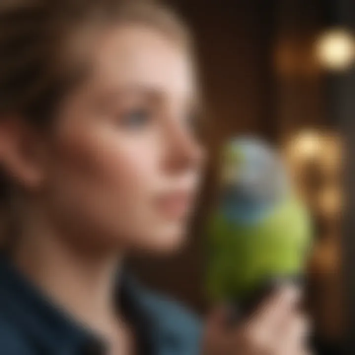 A person gently interacting with a pet budgerigar, highlighting the emotional connection.