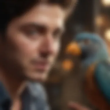 Close-up of a bird enthusiast interacting with a pet bird