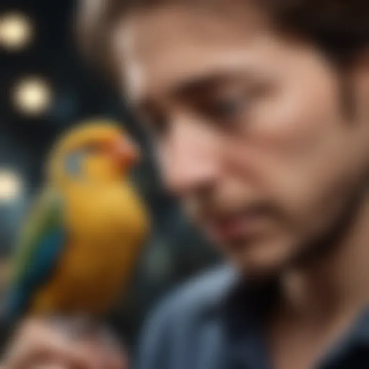 A person bonding with a pet bird, illustrating emotional connection