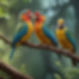 Colorful pet birds perched on a branch, showcasing various species