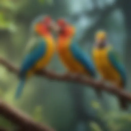 Colorful pet birds perched on a branch, showcasing various species