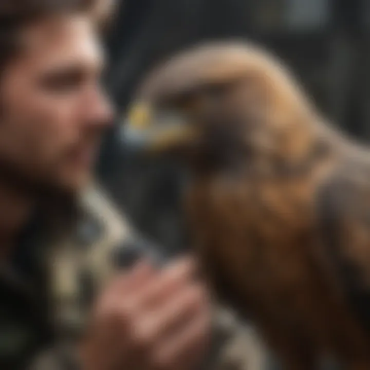 Close-up of a bird of prey being trained, highlighting the bond between the bird and its handler