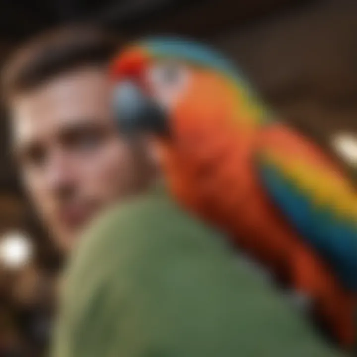 A colorful parrot perched on a shoulder, showcasing a bond with its owner.