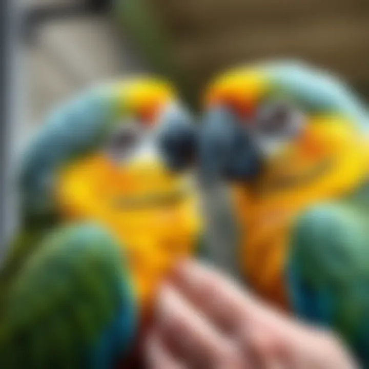 A close-up of a parrot engaging with its owner