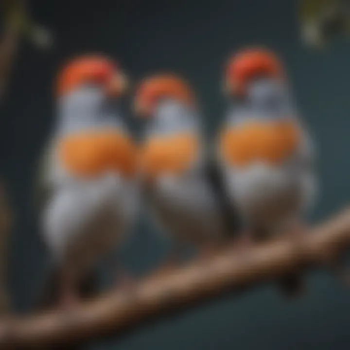 A diverse group of pet birds with red cheeks perched on a branch.