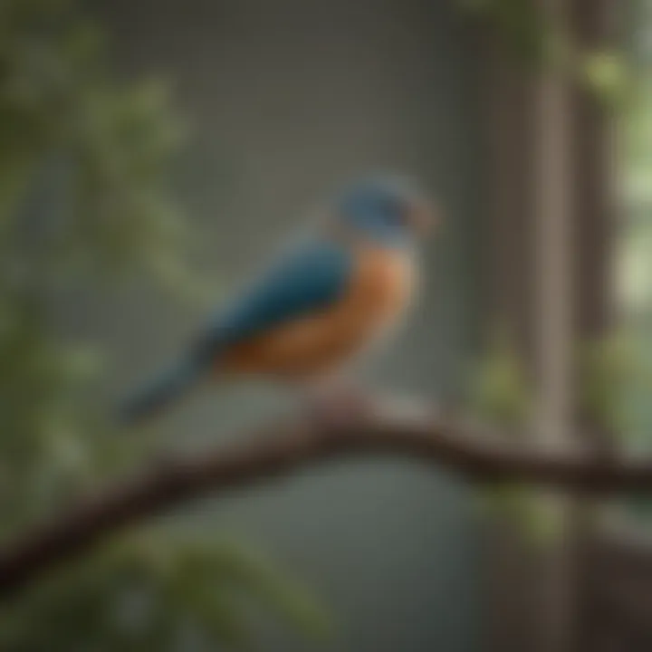 A serene pet bird perched quietly on a branch, embodying tranquility in a home setting.