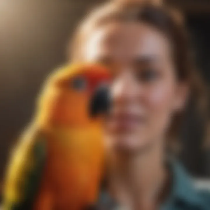 An exotic sun conure interacting with its owner