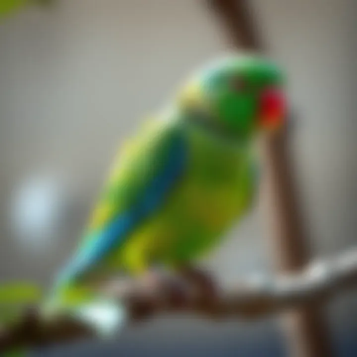 A vibrant parakeet perched on a branch