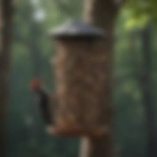 A beautifully crafted pileated woodpecker feeder hanging on a tree