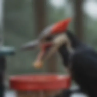 Close-up view of a pileated woodpecker using a feeder