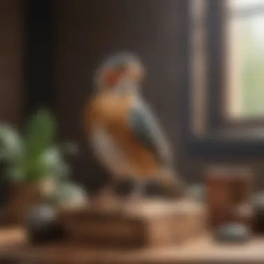 Bird perched on a natural wooden perch surrounded by enrichment items