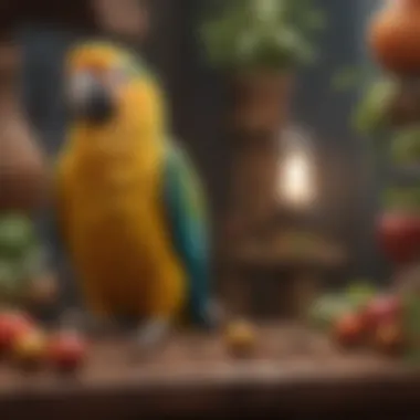 Enriched Habitat for Parrots A cozy parrot habitat with various toys and enrichment activities to stimulate the bird's mind.