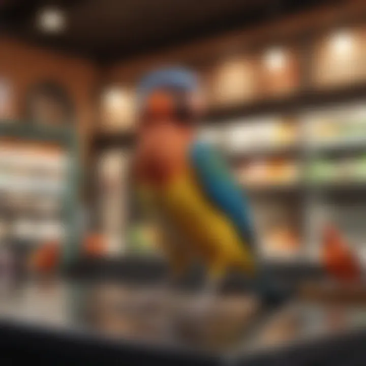 Colorful avian species on display in a pet store