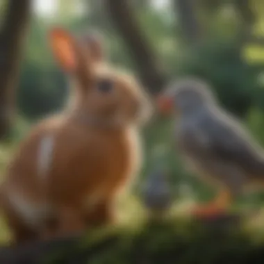 Interspecies Harmony: Bunny and Bird Interaction A bunny engaging with a pet bird in a shared habitat, showcasing interspecies interaction.
