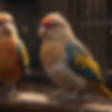 Diverse Pet Birds at Rest A serene setting showcasing a diverse range of pet birds resting peacefully in their cages.