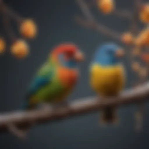 Colorful small pet birds perched on a branch